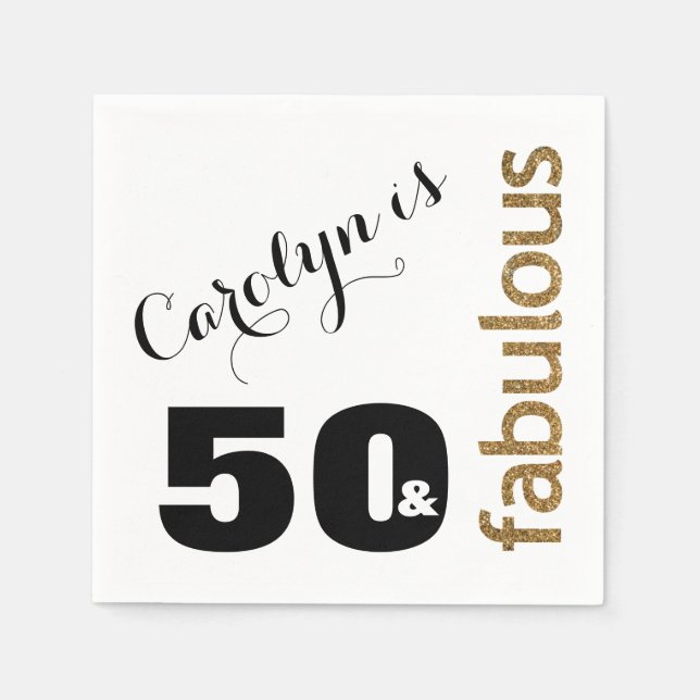 "50 & Fabulous" 3 Gold Glitter 50th Birthday Napkin (Front)