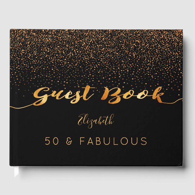 50 & Fabulous 50th birthday black gold confetti Guest Book (Front)
