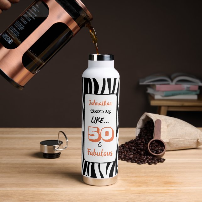 50 & Fabulous 50th Birthday Black Tiger Print Water Bottle (Coffee)