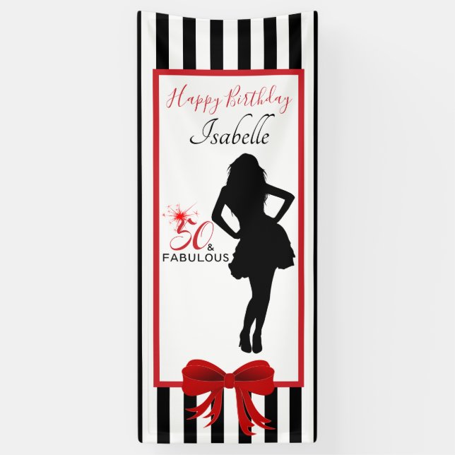 50 & FABULOUS 50th Birthday Black/White Stripes Banner (Vertical)