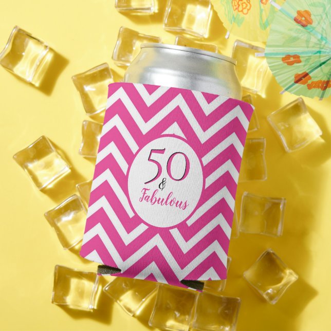 50 & Fabulous 50th Birthday Cerise Pink Chevron  Can Cooler (In Situ Summer)