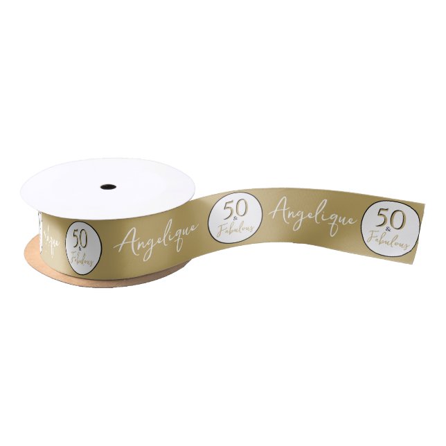 50 & Fabulous 50th Birthday Custom Name Gold  Satin Ribbon (Spool)