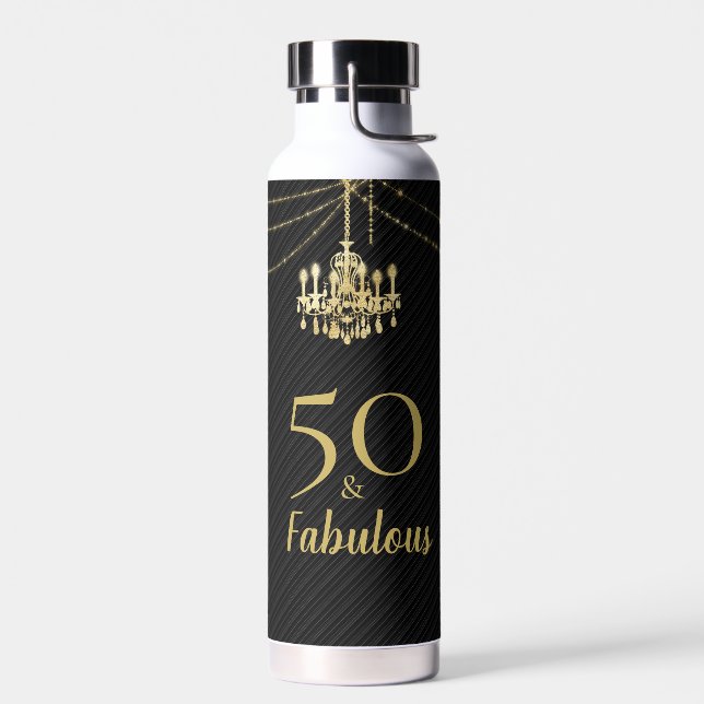 50 Fabulous 50th Birthday Golden Chandelier Black  Water Bottle (Left)