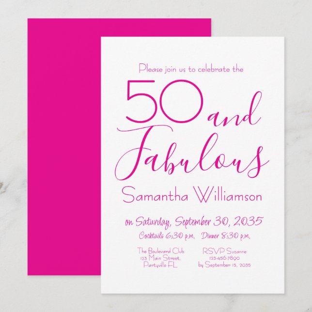 50 & Fabulous 50th Birthday Party Pink Elegant Invitation (Front/Back)