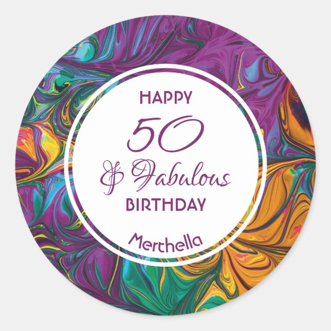 50 & Fabulous Abstract PURPLE Custom Classic Round Sticker (Front)