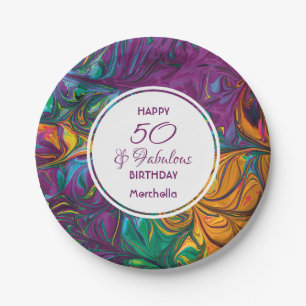50 & Fabulous Abstract PURPLE Custom Party Paper Plate