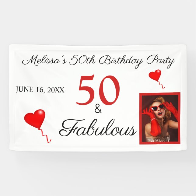 50 & Fabulous Add Photo Name & Date 50th Birthday Banner (Horizontal)