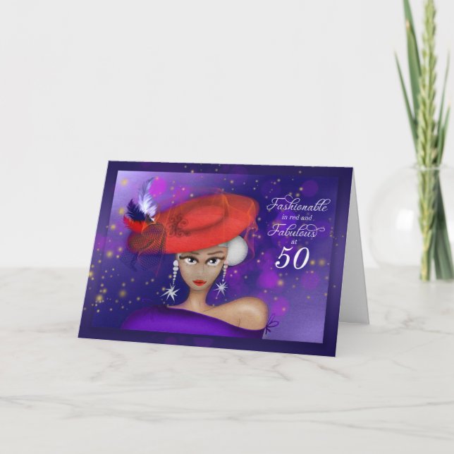 50 Fabulous and Fashionable Red Purple Birthday Card (Front)