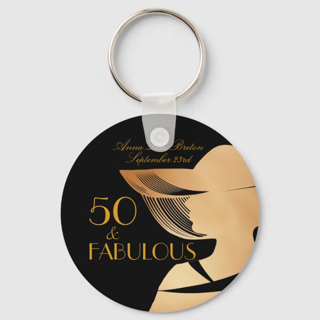 50 & Fabulous Art Deco Elegant gold 50th Birthday Key Ring (Front)
