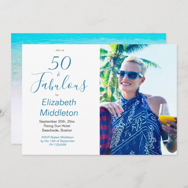 50 Fabulous Beach Blue Modern Photo Typography Invitation (Front/Back)