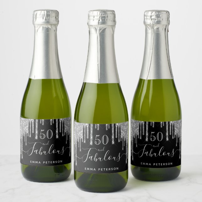 50 fabulous birthday black glitter sparkle silver sparkling wine label (Bottles)