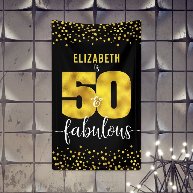 50 fabulous birthday black gold foil glitter dots banner (Creator Uploaded)