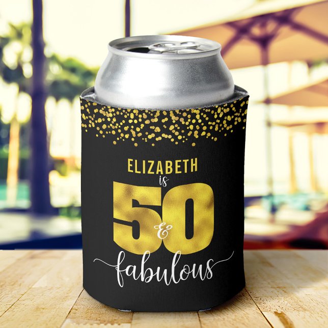 50 fabulous birthday black gold glitter dot script can cooler (Creator Uploaded)