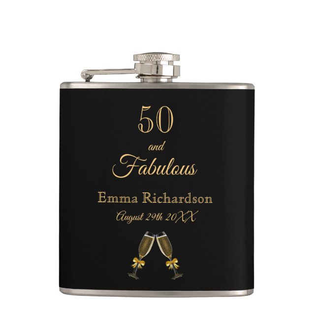 50 fabulous birthday black gold monogram hip flask (Front)