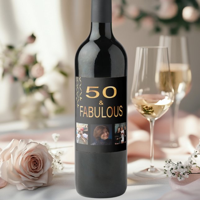 50 fabulous birthday black gold photo collage wine label (Creator Uploaded)