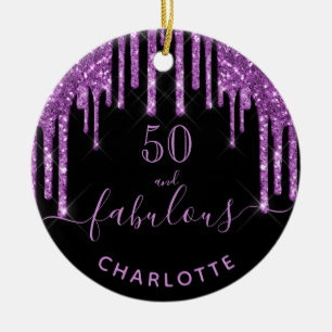 50 Fabulous birthday black purple glitter sparkle Ceramic Tree Decoration
