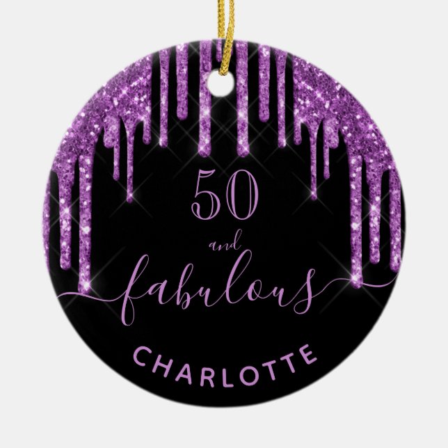 50 Fabulous birthday black purple glitter sparkle Ceramic Tree Decoration (Front)
