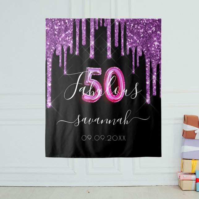 50 Fabulous birthday black purple glitter Tapestry (Creator Uploaded)