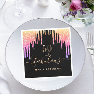 50 fabulous birthday black rainbow glitter sparkle napkin