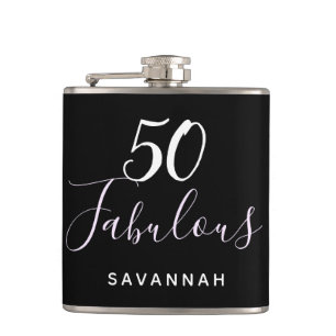 50 Fabulous birthday black white typography script Hip Flask