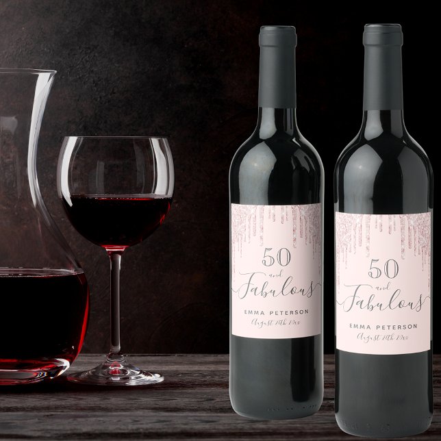 50 fabulous birthday blush pink drips wine label (Creator Uploaded)