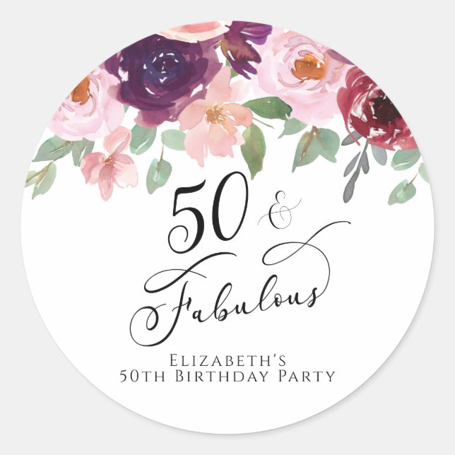 50 Fabulous Birthday Burgundy Pink Floral Classic Round Sticker (Front)