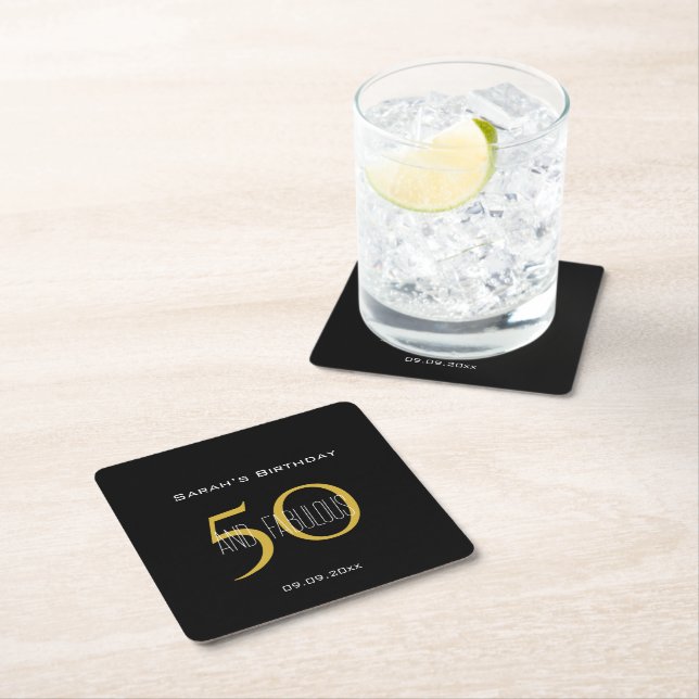 50 & Fabulous Birthday Elegant Black and Gold  Square Paper Coaster (Insitu)
