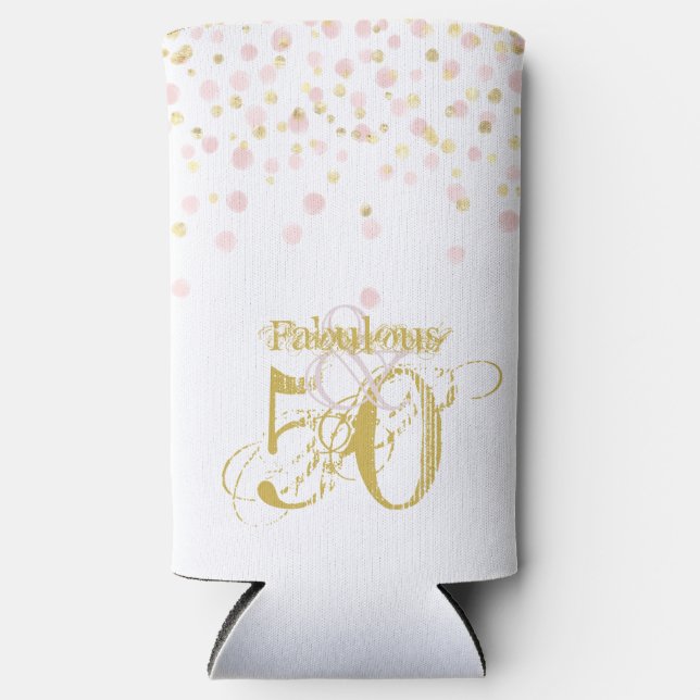 50 & Fabulous Birthday Elegant Pink Gold Confetti Seltzer Can Cooler (Front)