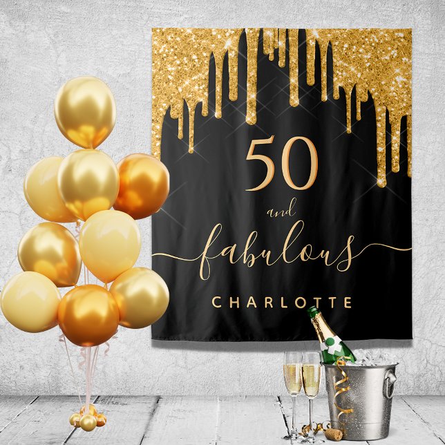 50 fabulous birthday glitter black gold sparkle tapestry (Creator Uploaded)