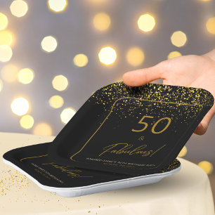 50 Fabulous Birthday Gold Black Glitter  Paper Plate