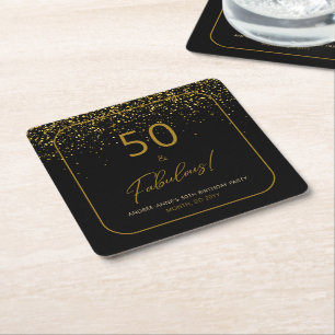 50 Fabulous Birthday Gold Black Glitter Square Paper Coaster