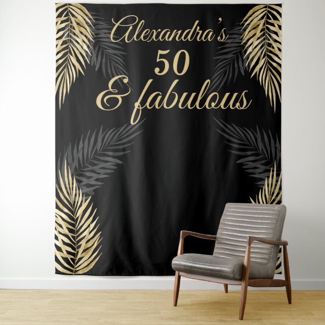 50 fabulous birthday gold black palms tapestry (In Situ)