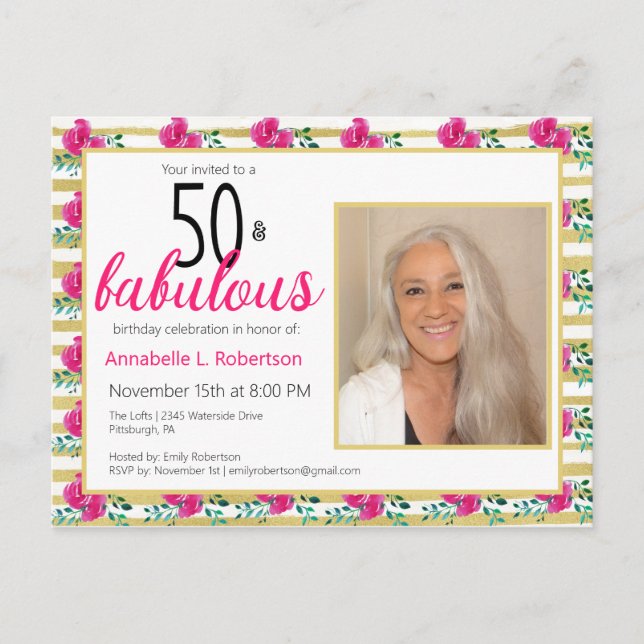50 & Fabulous Birthday Gold Pink Floral Invitation Postcard (Front)