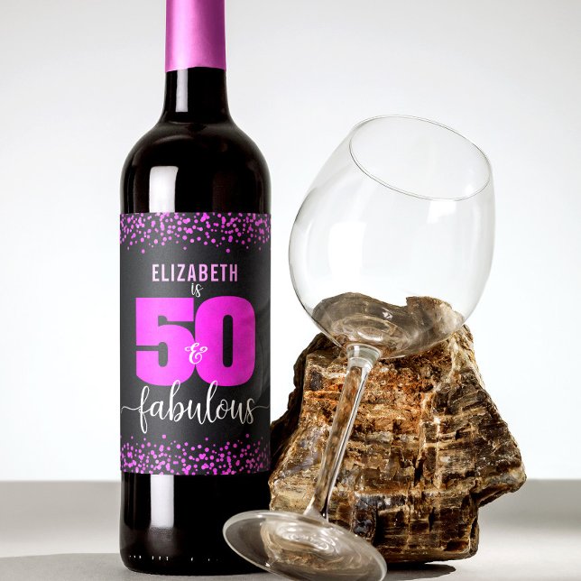 50 fabulous birthday hot pink dots black modern wine label (Creator Uploaded)