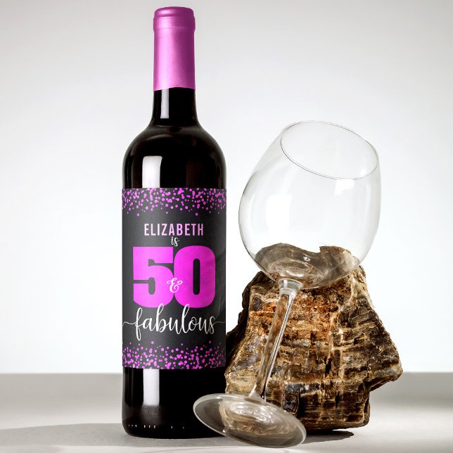 50 fabulous birthday hot pink dots black modern wine label (Creator Uploaded)