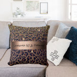 50 & Fabulous Birthday leopard pattern glam name Cushion<br><div class="desc">Elegant, cool, glamourous and feminine for a 50 & Fabulous Birthday gift with brown, golden and black leopard pattern, decorated with golden confetti. Personalise and add a name and age 50. A faux bronze metallic looking band. Black hand lettered style script, letters. Back: template for a date. Date of birth...</div>