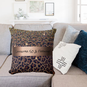 50 & Fabulous Birthday leopard pattern glam name Cushion