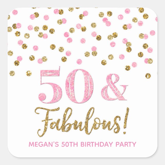 50 & Fabulous Birthday Light Pink Gold Confetti Square Sticker (Front)
