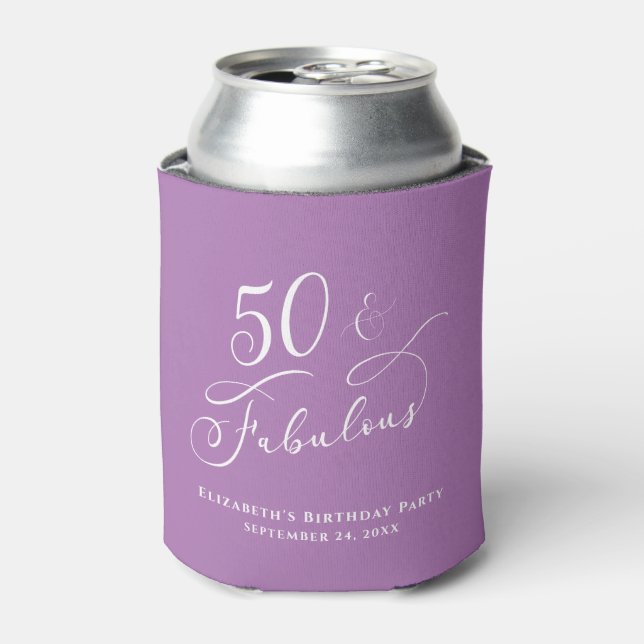 50 Fabulous Birthday Party Personalised Purple Can Cooler (Can Front)