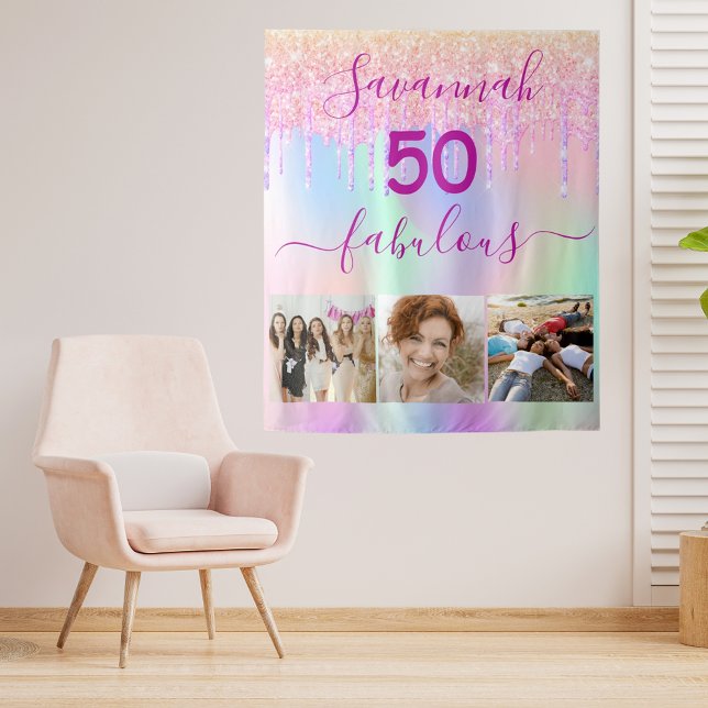 50 fabulous birthday pink purple glitter photo tapestry (Creator Uploaded)