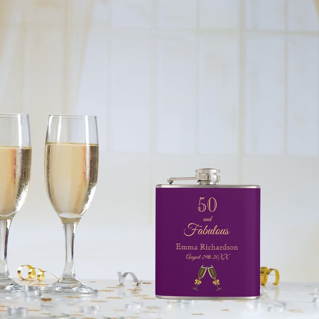 50 fabulous birthday purple gold monogram hip flask (Creator Uploaded)