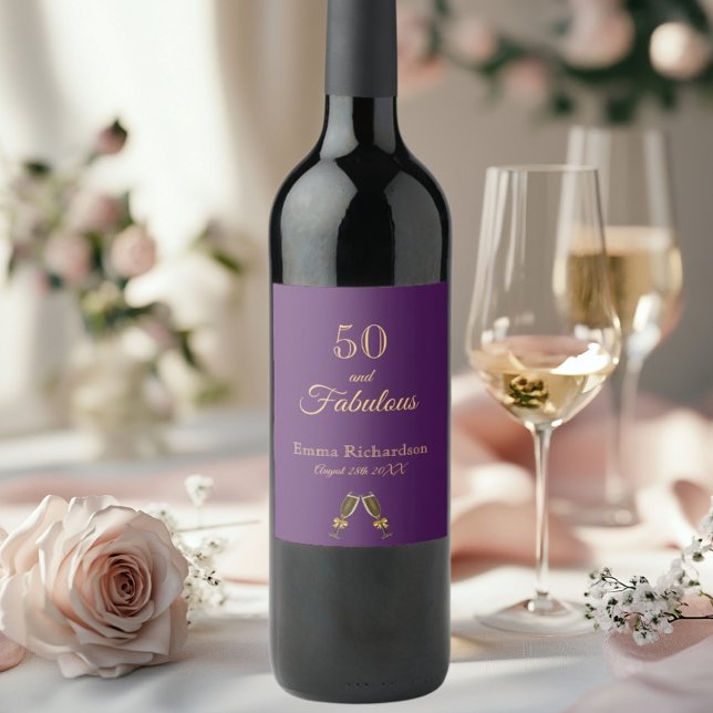 50 fabulous birthday purple gold name wine label (Creator Uploaded)