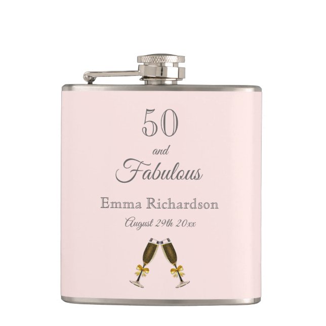 50 fabulous birthday rose gold blush pink monogram hip flask (Front)