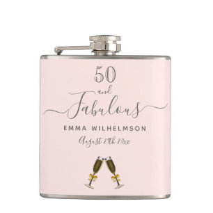 50 fabulous birthday rose gold blush pink monogram hip flask