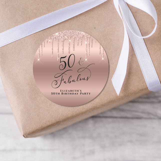 50 Fabulous Birthday Rose Gold Glitter Customised Classic Round Sticker (Creator Uploaded)