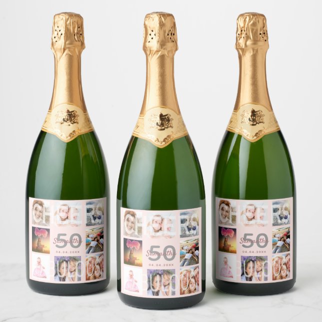 50 fabulous birthday rose gold photo cheers party sparkling wine label (Bottles)