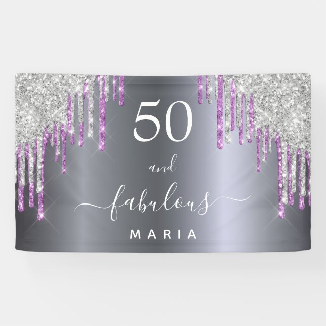 50 fabulous birthday silver purple drips banner (Horizontal)