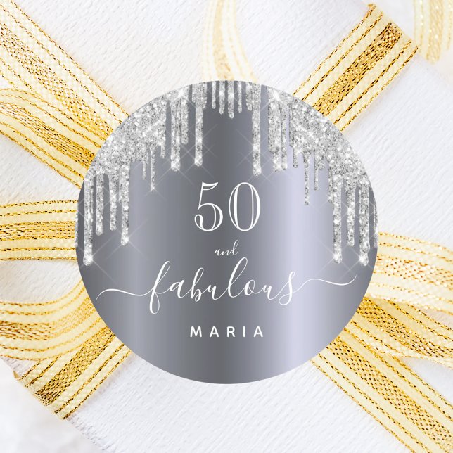 50 fabulous birthday Sparkling glitter silver Classic Round Sticker (Creator Uploaded)