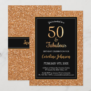 50 & Fabulous Birthday Sparkly Gold Glitter Black Invitation