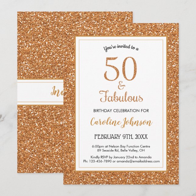 50 & Fabulous Birthday Sparkly Gold Glitter Invitation (Front/Back)